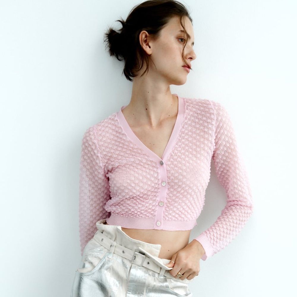 ZARA TEXTURED KNIT SEMI-SHEER CARDIGAN